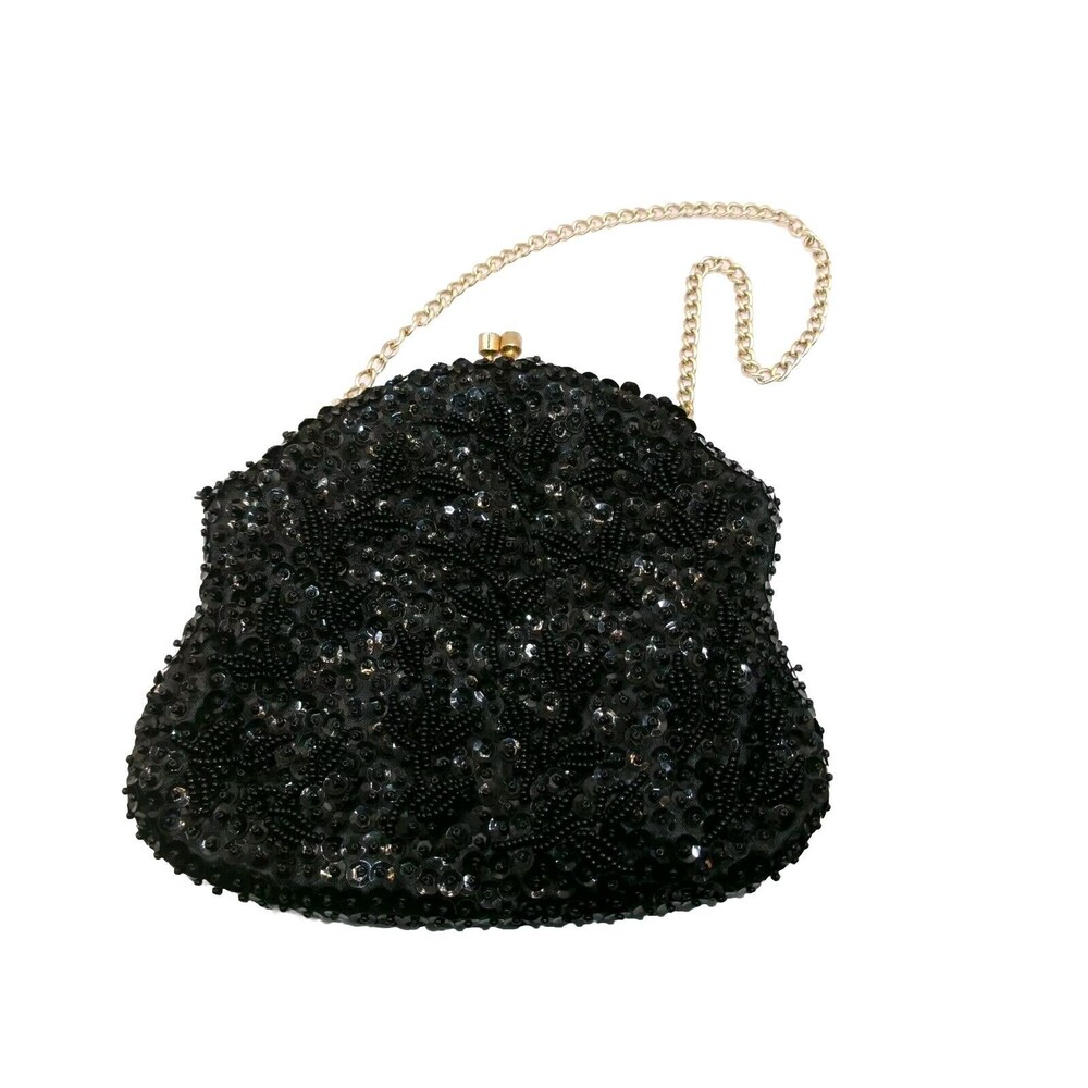 Vtg Simon Evening Bag Clutch Black Beads & Sequins Kiss Lock Gold Chain Strap